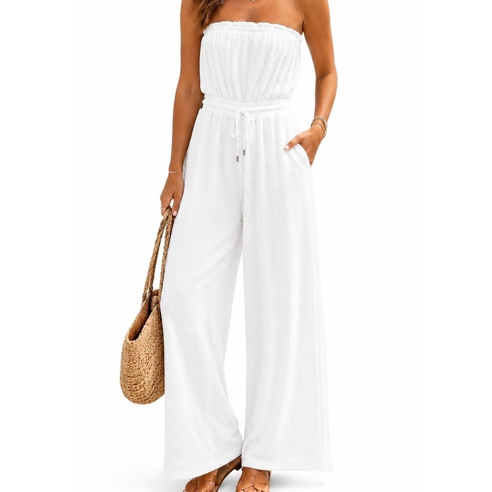 Dotti White Strapless Wide Leg Jumpsuit Women's L Mesh Tie Waist Beach Party